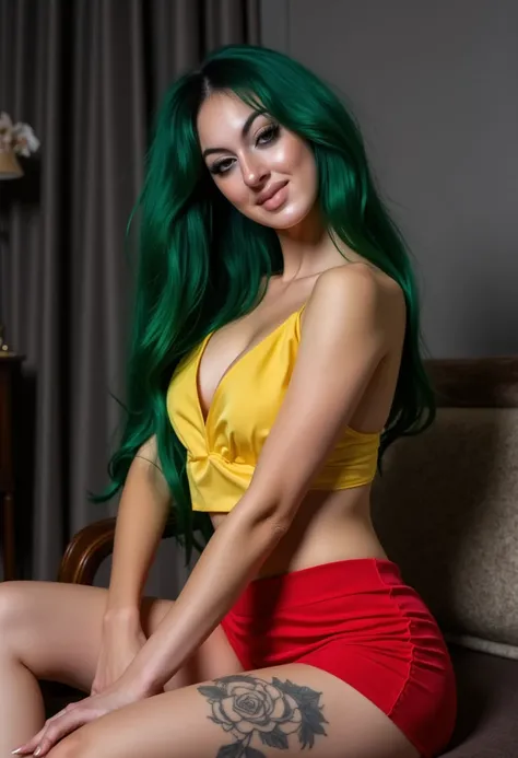 a woman with beautiful green hair, a yellow plunging neckline, a rose tattoo on her hip, a red miniskirt, and a beautiful leg, detailed facial features, realistic, photorealistic, 8k, masterpiece, vibrant colors, chiaroscuro lighting
