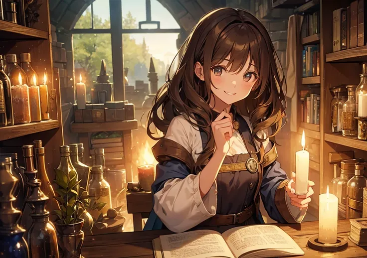 An alchemist smiling as she looks to the future while mixing potions in her workshop. Her brown hair casts soft shadows in the candlelight. In the background, a row of medicinal herbs and old books symbolize her knowledge and hope