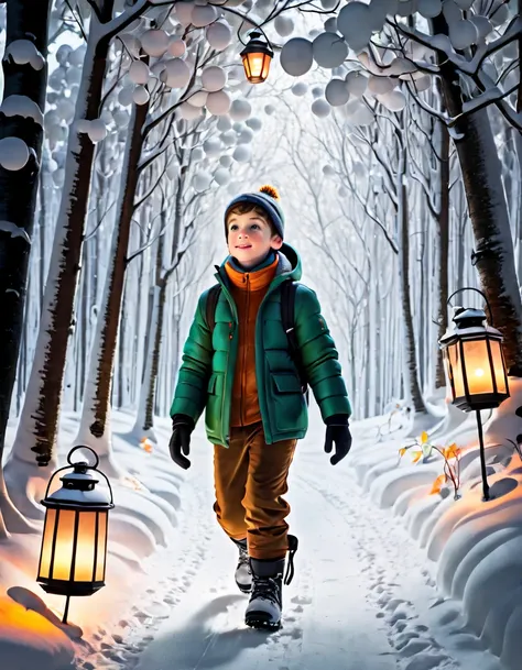 black and white lineart, LineAniAF, (low angle shot:1.3), (front view:1.3), A young boy wearing warm winter clothes, holding a candle lantern in his hand, walking through a snow-covered forest. The forest is filled with floating lights gently drifting betw...