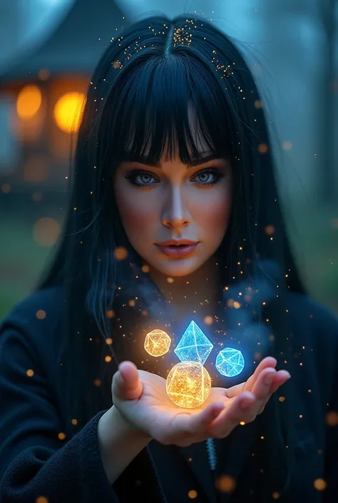 a woman with long straight black hair, mysterious eyes, sparkles of light on her head, geometric symbols in her hand, an enchanted hut in the background, mystical energy, blue and gold energy, cosmos, 1 girl, (best quality,4k,8k,highres,masterpiece:1.2),ul...