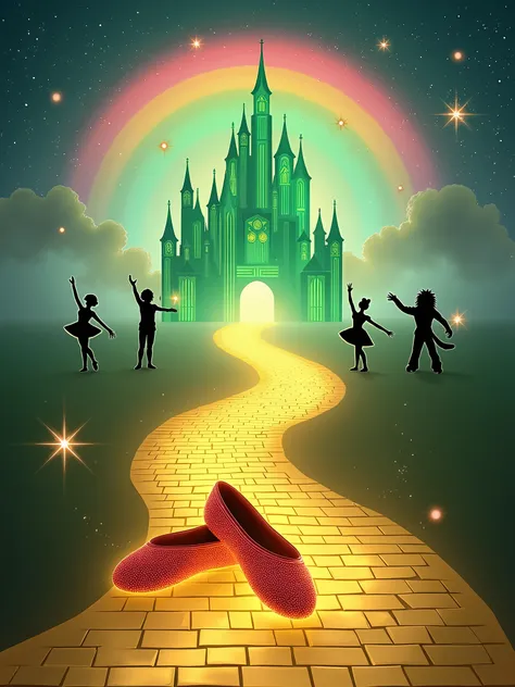 A charming and sophisticated digital artwork for the 3rd Ballet Showcase, inspired by the theme The Wizard of Oz. At the center of the image, a yellow brick road winds toward a majestic illuminated stage, with the Emerald City castle glowing in vibrant gre...