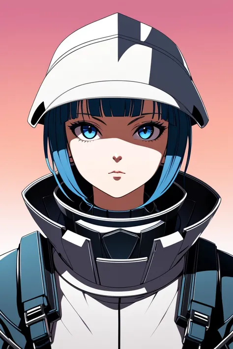 A female techno warrior, with a skinny build. She has a small face with small eyes. she is wearing simple leather protective clothes and leather hat. The style is futuristic anime. The setting is clean and minimal, a sci-fi-themed background, no text or sy...