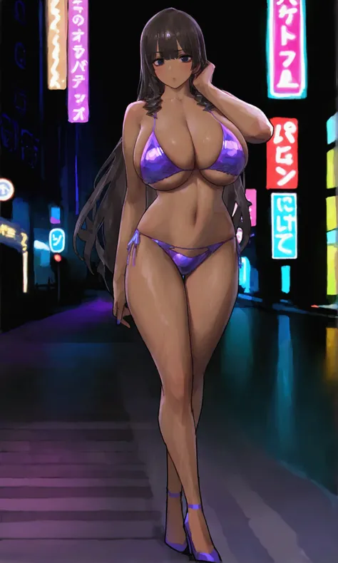 A gorgeous Japanese woman (age 25, long dark silky hair, deep dark eyes, gorgeous curves, nice muscle tone, violet bikini, violet heels) is walking through Tokyo on a damp night, neon signs and advertising light the scene and reflect on the wet street. She...