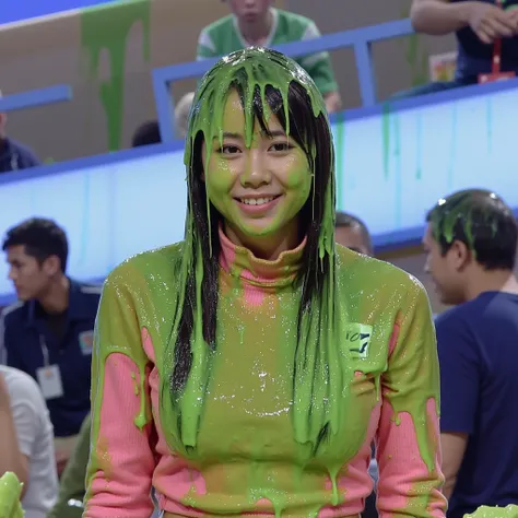 Portrait photograph of Korean woman covered in green slime. Photorealistic. Glistening liquid. Green slime. Slime. Wet. Raw photo. (Korean girl: 1.1). Korean. Korean woman. Round face. Wearing pink tight turtleneck. Big breasts. Black hair. Gameshow. Film ...