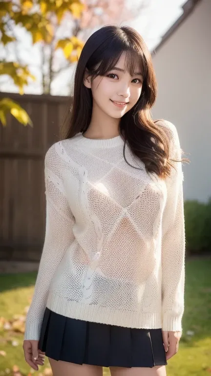 highest quality, masterpiece, ultra high resolution, (realistic:1.4), Raw photo, (one 18 years japanese girl),  medium hair, (Shy Smile), (Knitted sweater and skirt), slender body, boobs, Full body shot, Very cute Round face, (very beautiful big black eyes...