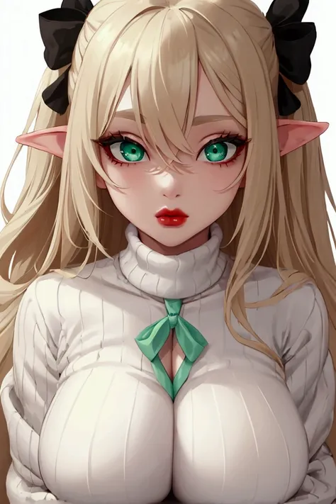 score_9, score_8_above, score_7_above, 1 ,Alone, aboveper body, looking at the viewer,  white background,  long and voluminous blond hair, goblin, makeabove ,  lips parted, lipstick,  eyeliner , dumb girl, Gyaru woman , gigantic breasts out, sweater, Mint ...