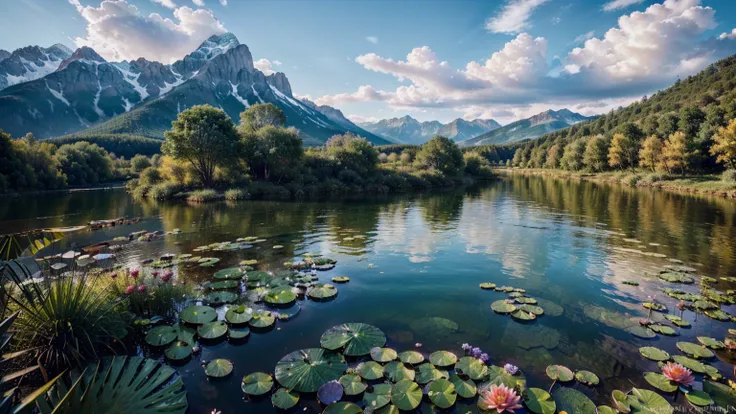 (create an ultra-high definition, hyper-realistic, highly detailed, high-quality image, sharp focus, professional lighting, vivid colors, warm tones and intricate details), (representing in detail a Beautiful Lake with high mountains, water lilies, colorfu...