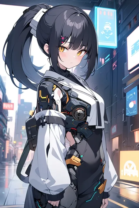  1 girl in uniform,  black hair,  folding ponytail, cool,cyborg, cyberpunk,Japanese style, top quality,  high image quality model , 