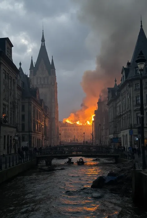 The street scene of a European city in a post-apocalyptic style, overcast, smoky sky, damaged buildings engulfed in fire, large ornate buildings in the Gothic style from which smoke is coming, destroyed facades, dark gray and brown tones, flooded streets a...