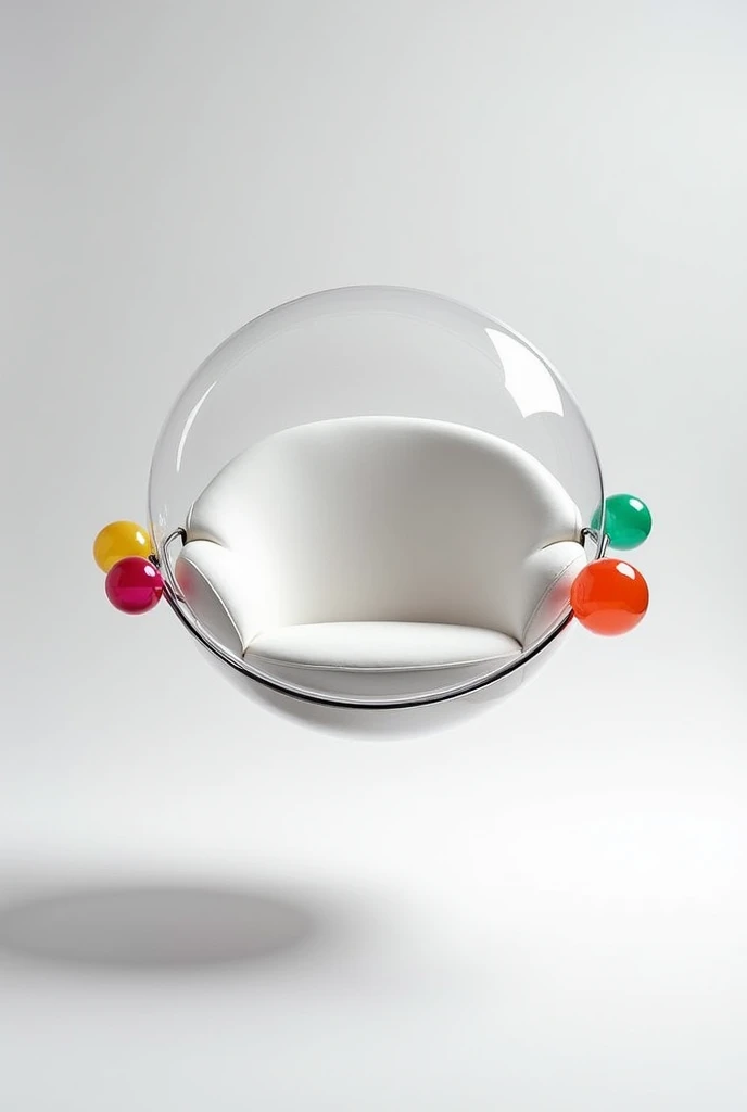 Design a chair inspired by floating bubbles. The seat is a clear, rounded sphere made of durable acrylic, suspended by a nearly invisible frame, giving it a floating effect. Small colorful bubbles (mini spheres) form the backrest and armrests, offering bot...