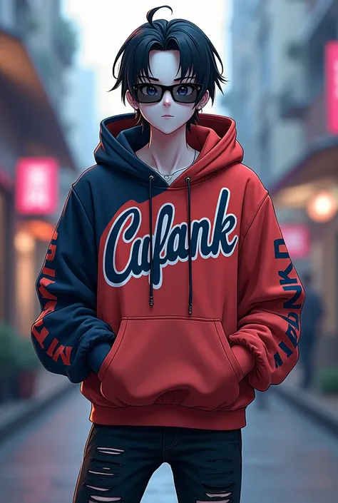  white-faced young man , wears merwh hoodie with name"cufank "  wear ripped black jeans , wear sunglasses, black hair, anime 3d