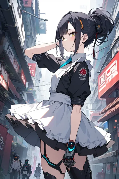  1 girl in uniform,  black hair,  folding ponytail, cool,cyborg, cyberpunk,Japanese style, top quality,  high image quality model , Maid