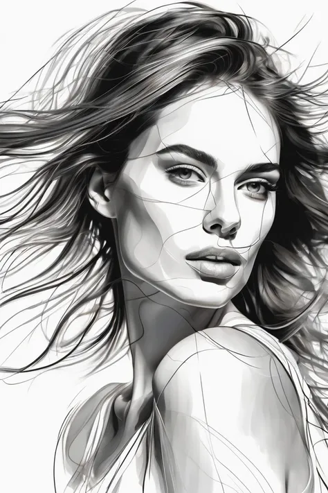 A minimalistic sketch a young womans face featuring expressive and flowing line-work. fashion model posing portrait, looking  directly at viewer, white background, highlights her beauty with soft, graceful contours, capturing her intense emotional expressi...