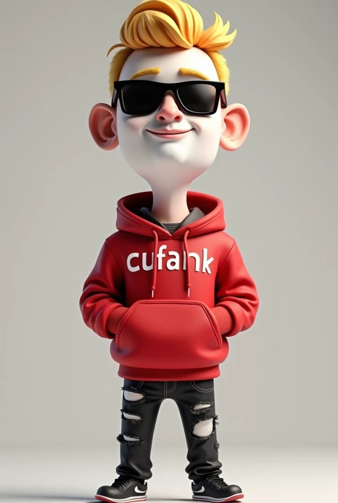  white-faced young man , wear red hoodie with name"cufank "  wear ripped black jeans , wear sunglasses, blonde hair, caricature 3d