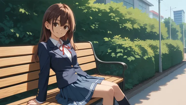 ,best quality, masterpiece, highly detailed,1girl,solo,outdoor,smile,sitting,bench,
 aataiga,brown_hair,long_hair,brown_eyes,bangs,hair_between_eyes,aauniform,oohashi_high_school_uniform,school_uniform,skirt,jacket,blazer,ribbon,red_jacket,black_ribbon,ple...