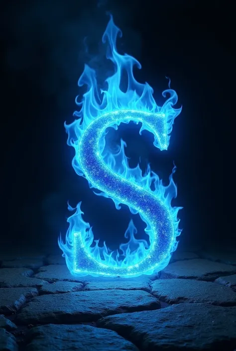 Letter image and on fire with blue flames on a dark background with a stone floor