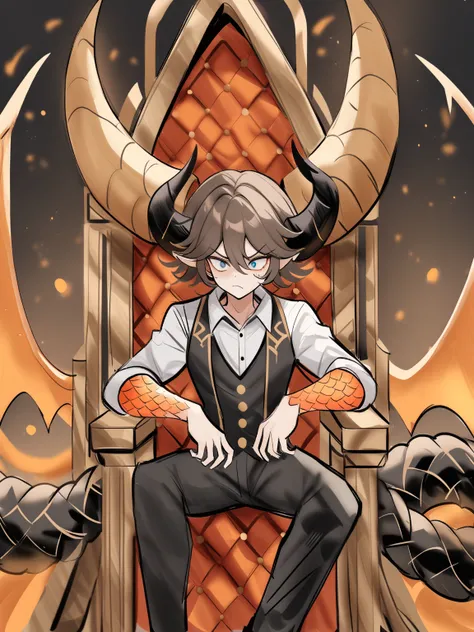 {{Background: Throne room}}, {{Whole body, eye level shot}}, {{Artist: rakeemspoon}}, {{Extremely detailed}}, Male, short brown hair, pepper jack beard, slim, {{patches of lava-colored scales on arms, neck, and chest}}, {{pair of black spiraling horns}}, {...