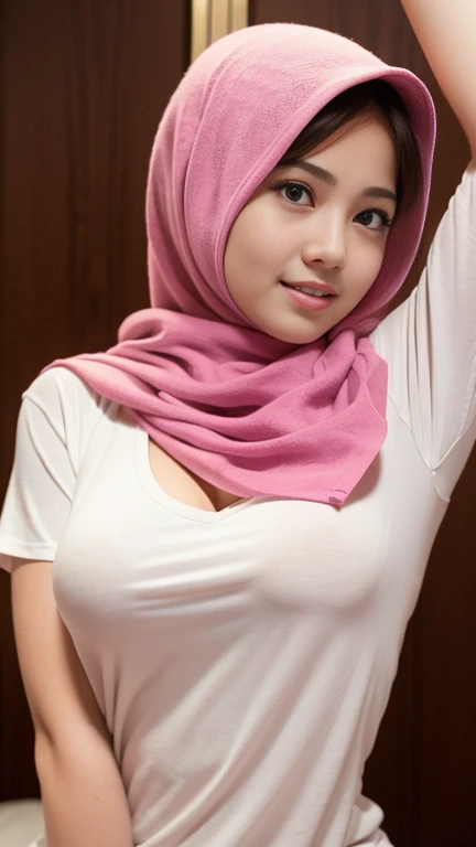 adorable, 1 girl, very young girl, baby face, pink modern hijab, (shy expression), closer portrait, (face details: 1), (eye details: 1), oily pink lips, smile adorable, ((middle breasts)). wearing an oversized thin pink t-shirt, (mid breasts), thin tight y...