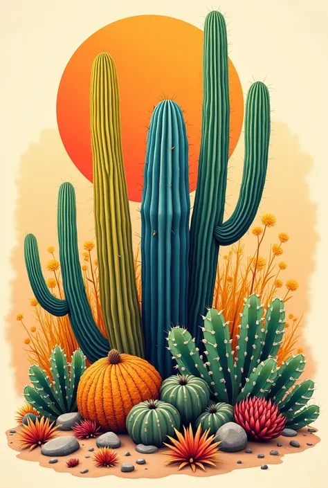 The image depicts a beautifully illustrated collection of desert flora, centered around various types of cacti and succulents. There are at least three distinct types of cacti featured prominently: a tall yellow cactus, a blue-green one, and a smaller gree...