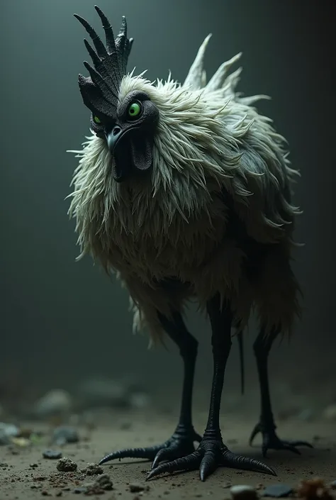 chicken, eyes, monstrous, with gray feathers ,  black crest and green eyes, With black legs