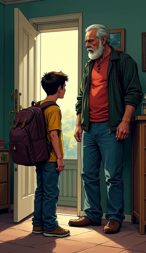 Very serious man looking at his 18 year old son with a bag on his back,leaving, The scene takes place in a living room of a modest house  (  Image like action comics ) ( Only the son with the bag around his back)