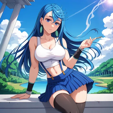 momo ayase, long hair, blue hair, blue eyes, bangs, thick blue eyebrows, big breasts, flowing bangs, single sidelock, break arm guards, blue le smoking tuxedo, blue skirt, black play sports often, black Thighhighs, clavicle, crop top, earrings, jewelry, sk...