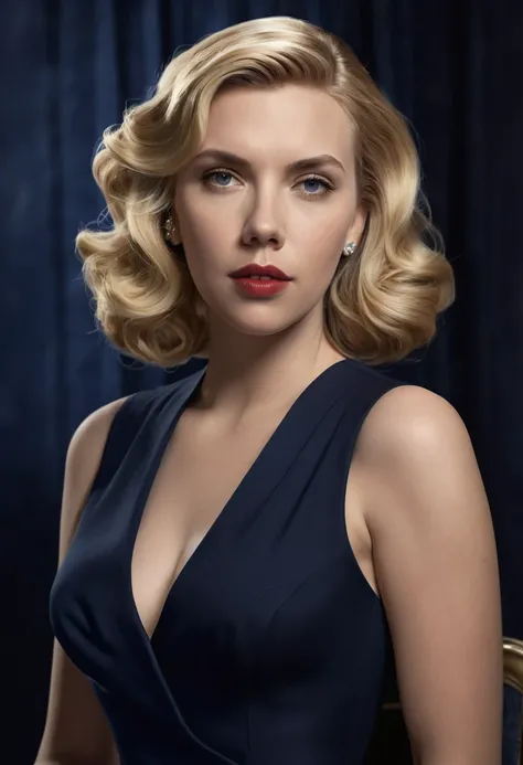 Create a realistic image of a woman resembling Scarlett Johansson in a deep navy dress with sophisticated detailing. Her blonde hair is styled in soft waves, and her eyes are detailed and expressive. The background should be a luxurious, softly lit evening...