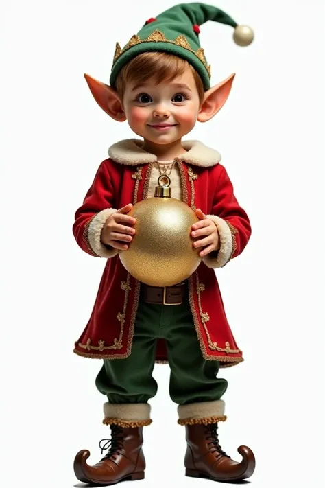  , an elf boy in a Christmas costume is sitting ,  holding a large Christmas ball in his hands,  In his arms  ,  on white background,  front view, In boots 