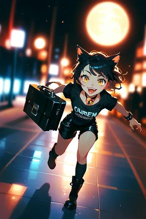 A catgirl woman, with black fur, golden eyes, choker with bell, wearing a black top, black shorts, knee socks and heavy duty boots, holding a black leather briefcase in her hand, while laughing mockingly, in a dark office, running and doing parkour. at nig...