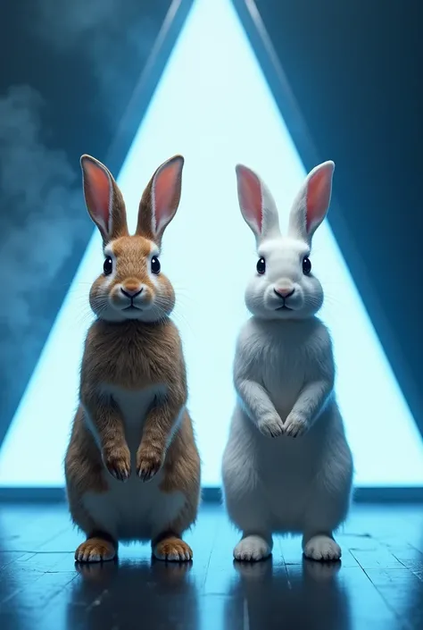 A female rabbit and a male rabbit stand side by side, full-length, on a futuristic stage lit by bright blue lighting. The female rabbit on the left has brown fur, and the male rabbit on the right has white fur. Behind them, a large, shiny triangular struct...