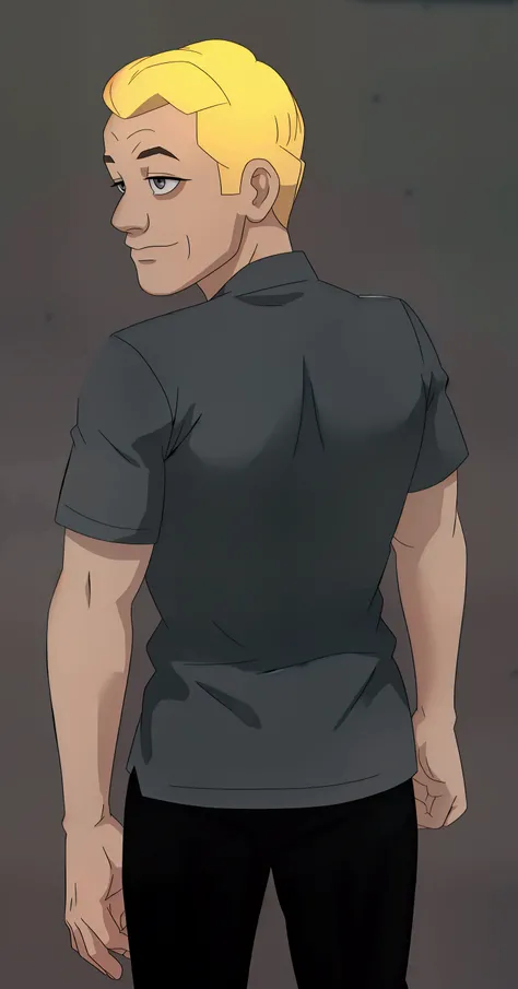 A 40-year-old adult male,  wearing a gray shirt ,  blonde hair  (HENRY EMILY DE FNAF)