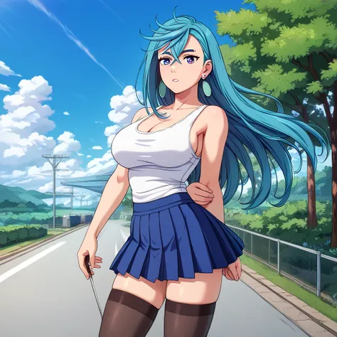 momo ayase, long hair, blue hair, blue eyes, bangs, thick blue eyebrows, big breasts, flowing bangs, single sidelock, break arm guards, blue le smoking tuxedo, blue skirt, black play sports often, black Thighhighs, blue tuxedo, earrings, jewelry, skirt, pl...