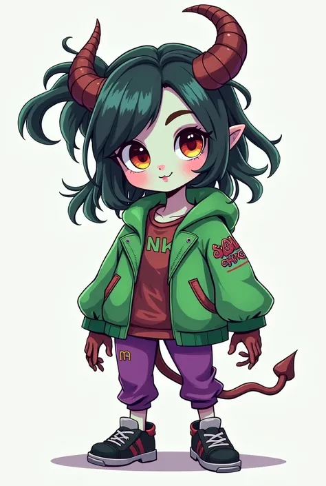  cartoon girl with horns and a green jacket and purple pants,  concept art inspired by Lois van Baarle ,  winner of the DeviantArt contest , toyism, chibi monster girl, anime monster girl, monster girl, little extraterrestrial,  monstrous character design ...