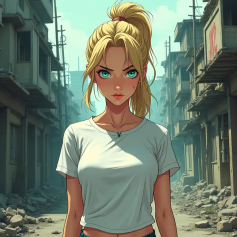  Make the anime-style image of an adult woman , about 25 years old, blonde with turquoise eyes and smart hair tied in a high ponytail,  the woman wears a white t-shirt with a serious face ,  standing in the middle of an abandoned city in a zombie apocalyps...