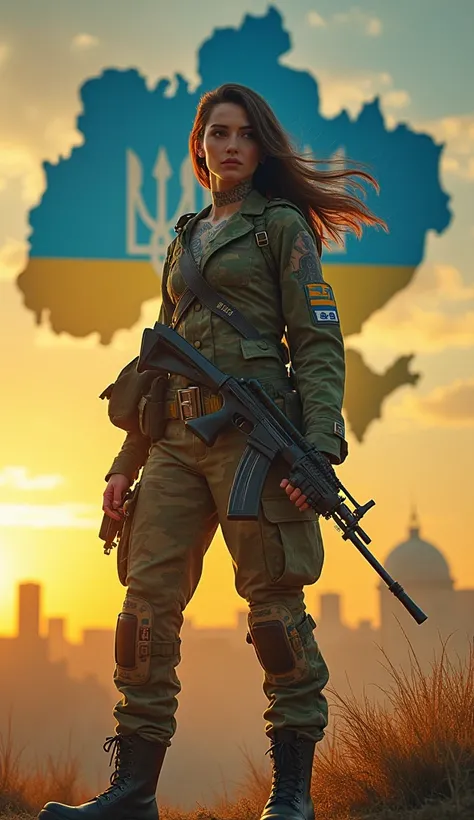 heavily armed with rifles all over the body Tatooed with the Ukrainian trident motif hot female Ukrainian Soldier with crossed weapon belts and a camouflage combat blazer of ukrainian Army over her shoulder in rustic large military boots with metallic belt...