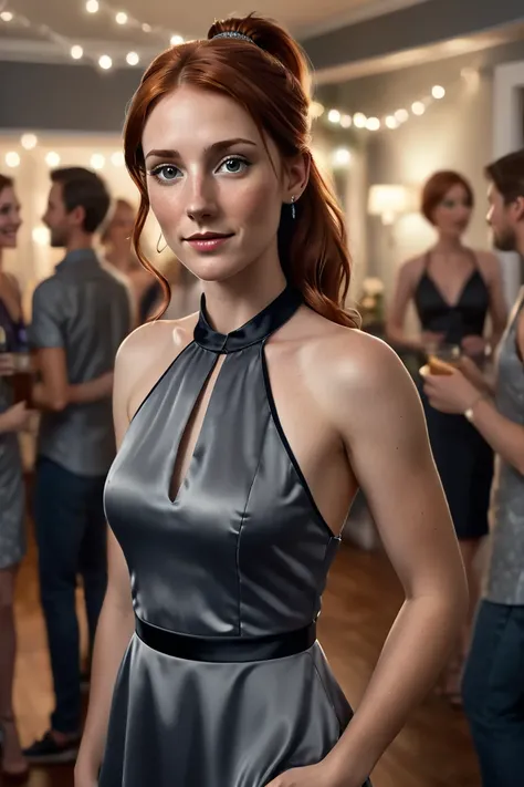 Hyper-realistic. Distant shot. Mid 20S female with auburn hair in a ponytail and coy expression, wearing a short dark gray satin halter-dress with black trim, stands in a casual pose at a house party, talking to party goers. Detailed freckled face. Best qu...