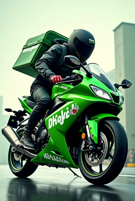 Kawasaki ninja bike in green color with stickers that say Brazuka in white with a man climbing with a backpack from Delivery 