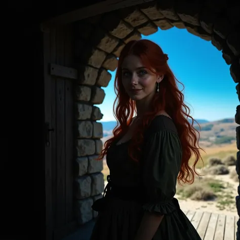 ((highest quality)), ((masterpiece)), (in detail) Dark fantasy, a beautiful young woman with long red hair stands in the doorway (accent on her face, a woman smiles warmly,a long historical dress), dark room in a stone medieval tower (wooden floor, door to...