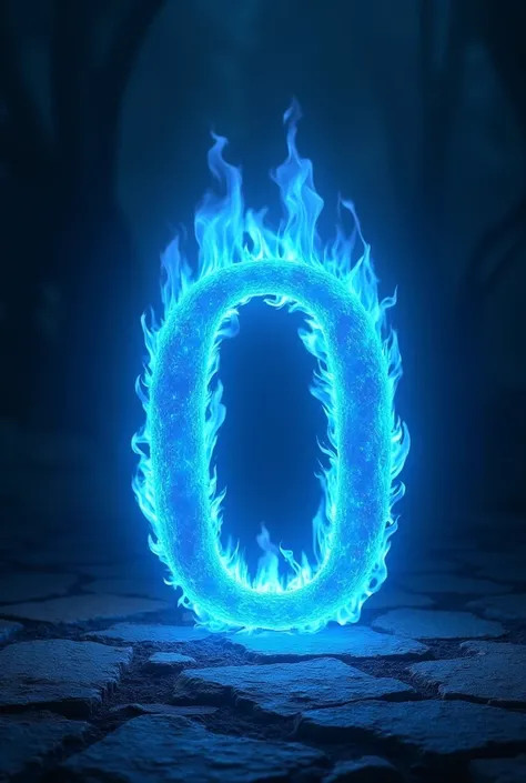 Image letter oh on fire with blue flames on dark background with stone floor