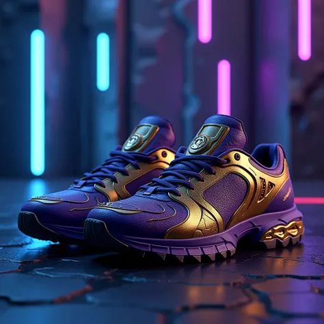 "Create a detailed 3D image of sneakers inspired by Thanos from the Marvel Cinematic Universe. The shoes feature a bold color scheme of purple and gold, reflecting Thanos’s armor. The design incorporates textures that mimic the metallic plating of his suit...