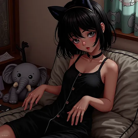 Night, elephant girl living with, messy room, sitting on futon and taking off loungewear, waiting for owner, realistic stuffed statue, window, curtain with elephant picture printed on it, flirtatious attitude , smiling, various poses, super cute cat ear gi...