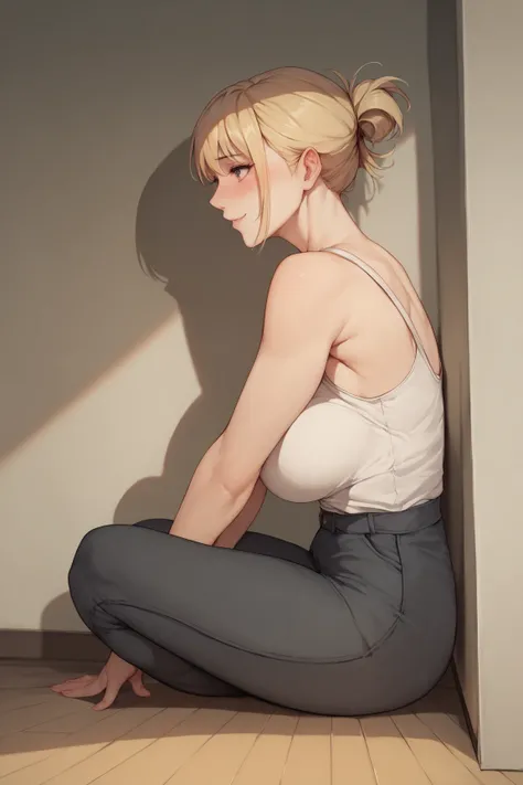 1girl, HD, High Resolution, Best Quality, Blonde Hair, Tied Hair, Large breasts, sitting in floor, looking at other side solo, in room, white tank, from side,Blush, Yandere, , leaning on wall