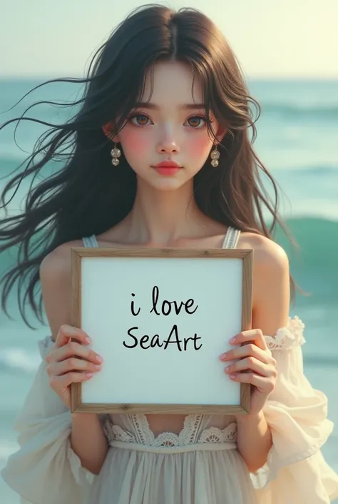  A beautiful girl with wavy long hair in a bohemian dress,  holding a white board with  "I Love Seaart Infinity" and showing it to the viewer