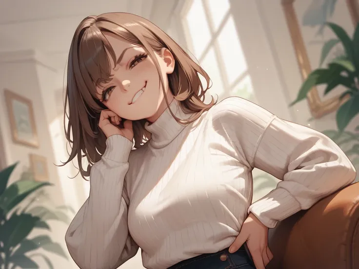 brown haired girl wearing a white sweater and wide black miniskirt, smug face, shrugging 