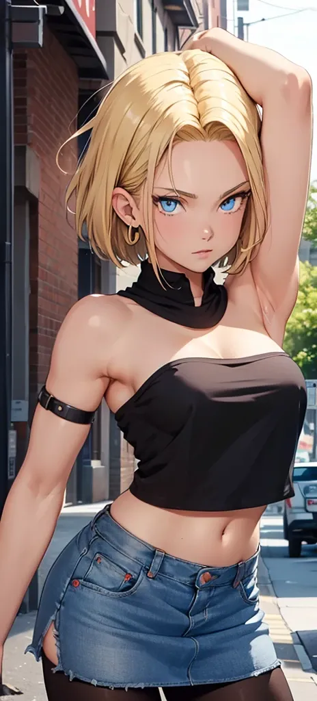 cleavage, best quality, highres, and18, 1girl, android 18, solo, blonde hair, blue eyes, short hair, earrings, jewelry, denim vest, open vest, black pantyhose, black shirt, denim skirt, striped long sleeves, blue skirt, medium breasts, cowboy shot, street,...