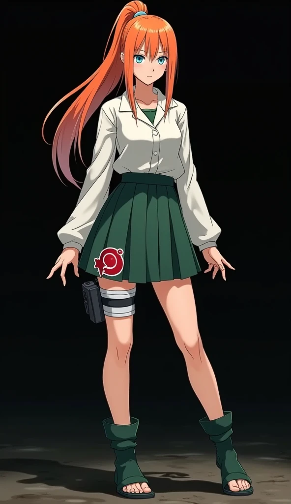 Character created by Masashi Kishimoto 8K girl with a slender and beautiful full-bodied fair skin with fiery orange hair and very smooth with two white locks highlighted on the front similar to those of Rogue from the X-Men hair tied in a ponytail light bl...