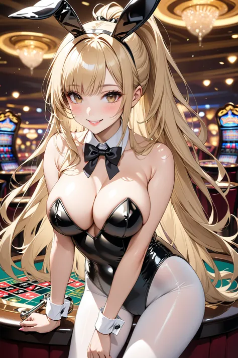 masterpiece, top quality,32K, super detailed, young woman,light brown eyes,light makeup, rich breasts, clevis on a stone, white skin,shiny skin,Happy smile, silky hair,bangs, long hair,  straight hair, ponytail, blonde alone,playboy bunny,Black rabbit ears...