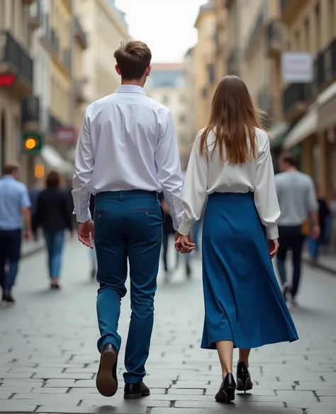 Créez une image à partir dun prompt  "un bel étudiant masculin portant une chemise blanche à manches longues, une cravate bleue, une ceinture, pantalon bleu, et des chaussures en cuir marchant derrière une belle étudiante portant une blouse blanche, une ju...