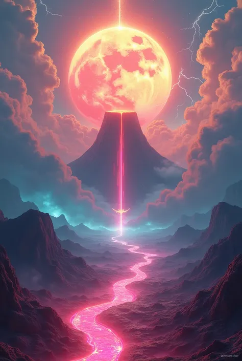 "Nimbus circle a magical volcano ,  pouring a luminous rain that feeds a river of neon lava.  Winged creatures dance in the middle of the clouds ,  while golden lightning illuminates the scene ." The rising sun shines like a mystical orb ,  surrounded by a...