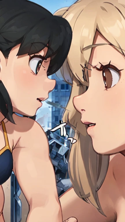 2 giant  girls  (100+ Meters)  in bikinis face off in a populated city ,  exchanging powerful blows and destroying everything around them .  The giant brown-haired girl confronts the blonde and mischievous giant in an epic battle., drsizukachan1,NSFW, Mini...